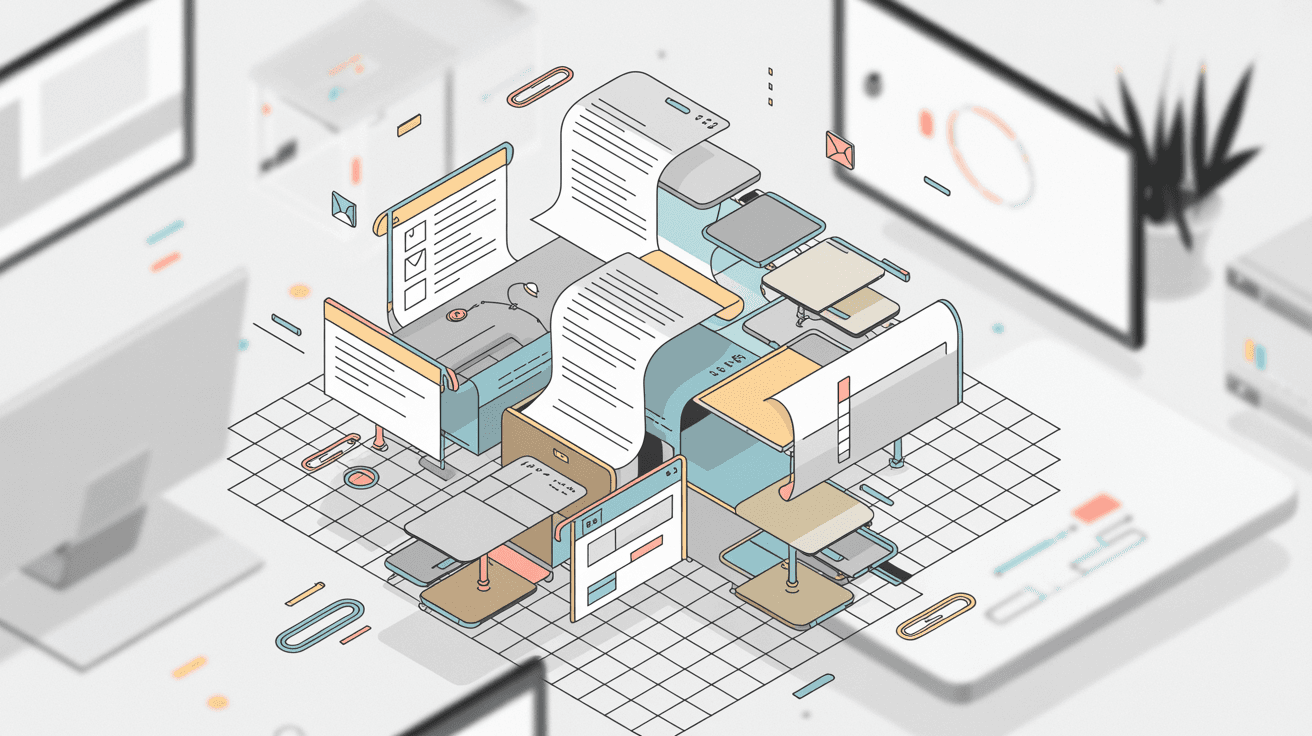 Isometric illustration showing Gmail's email organization system with documents and filing elements