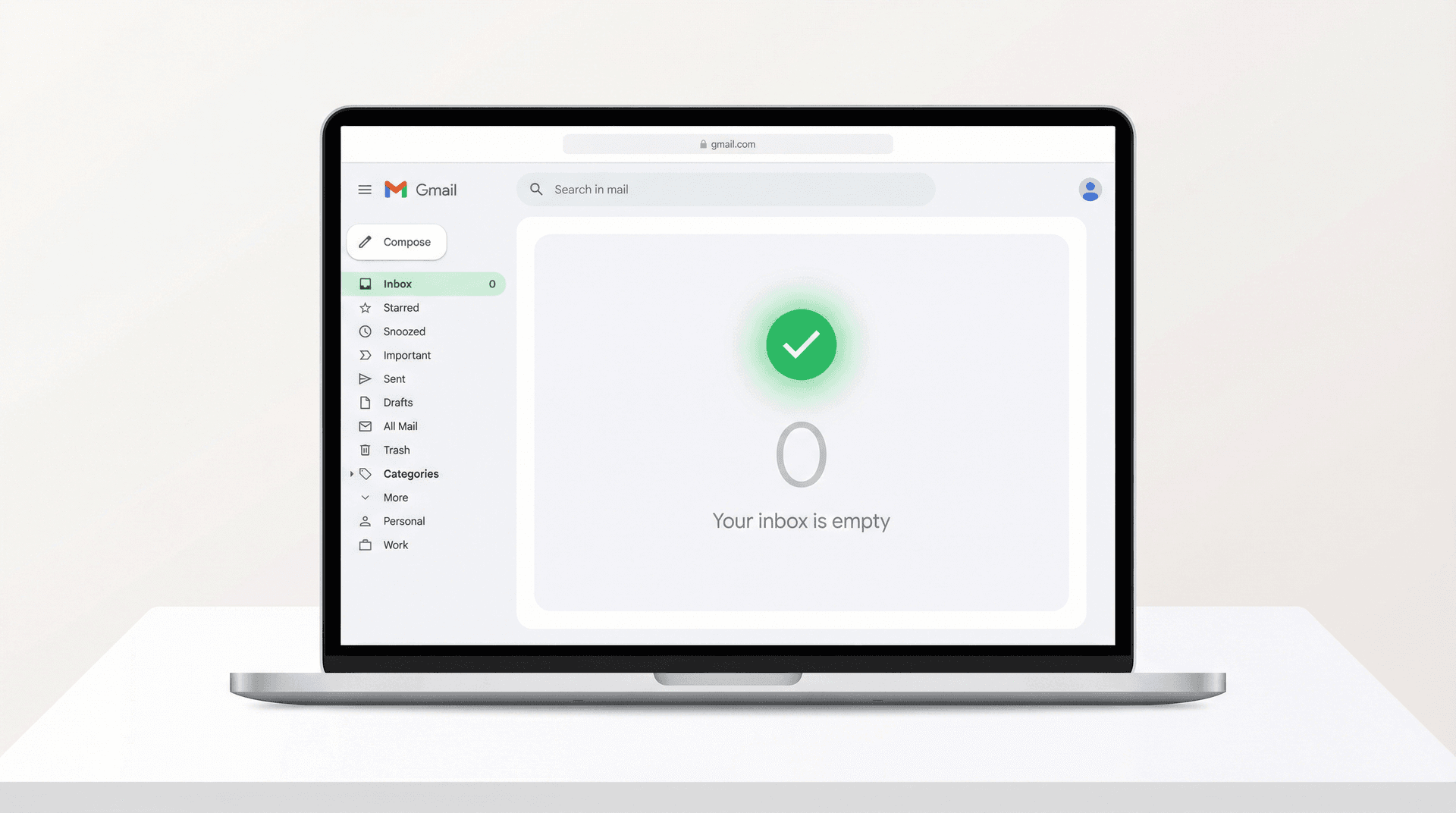 Clean Gmail inbox showing zero unread messages and an achieved inbox zero state with green success indicator