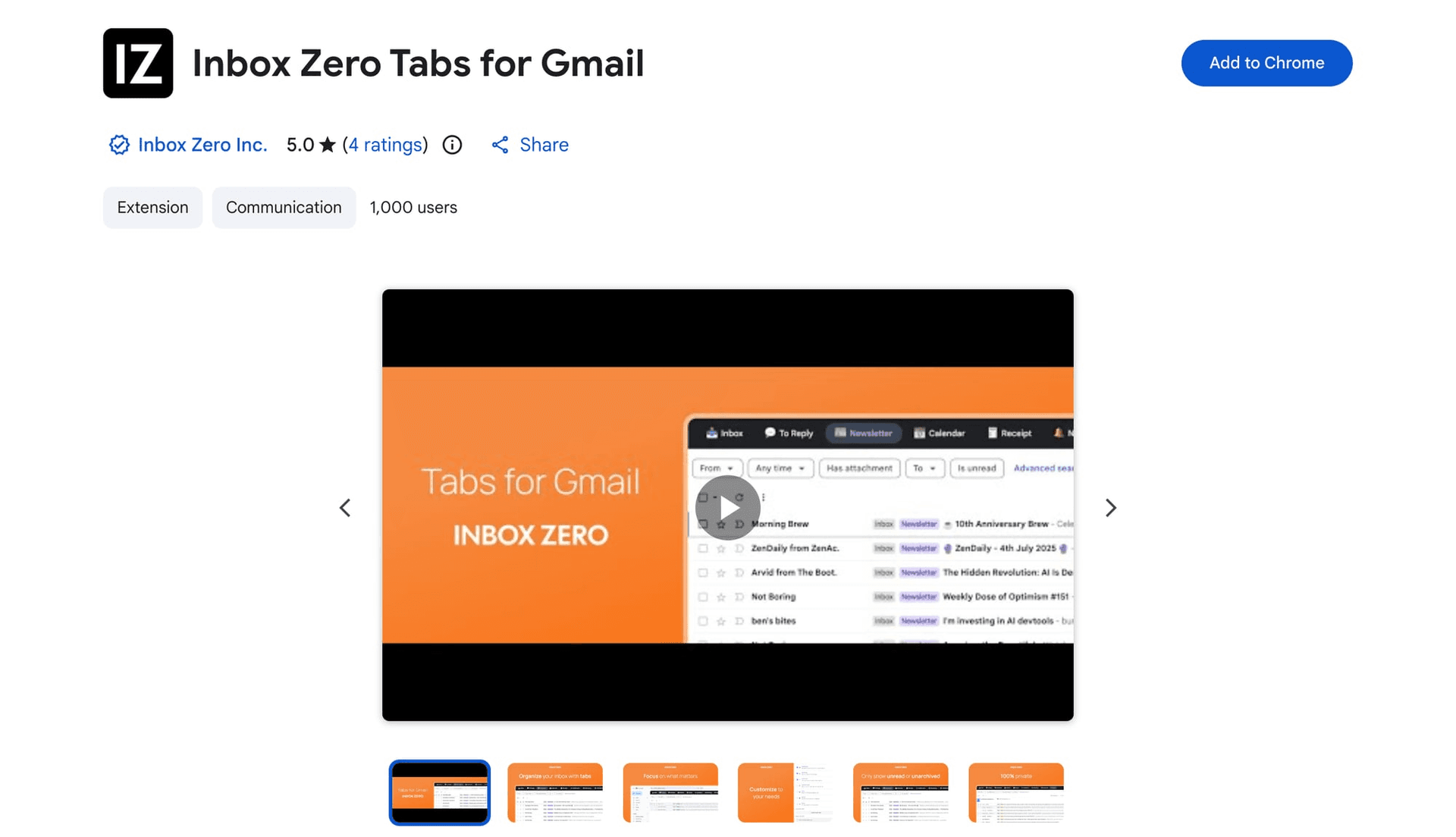 Inbox Zero Tabs for Gmail Chrome Web Store listing showing 5-star rating, 1,000 users, and the Gmail tabs interface preview