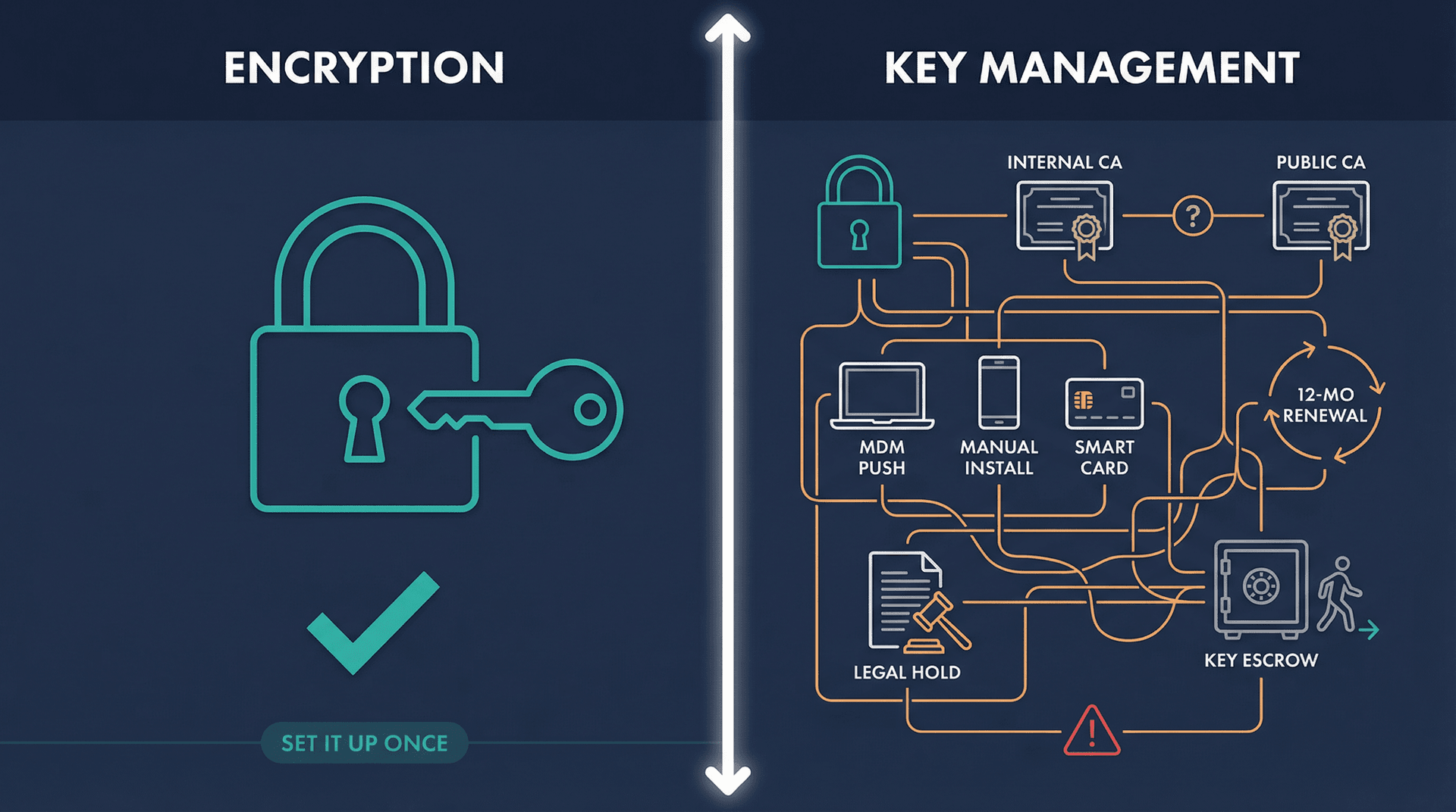 Split-panel editorial illustration contrasting simple email encryption on the left with the tangled complexity of key management on the right