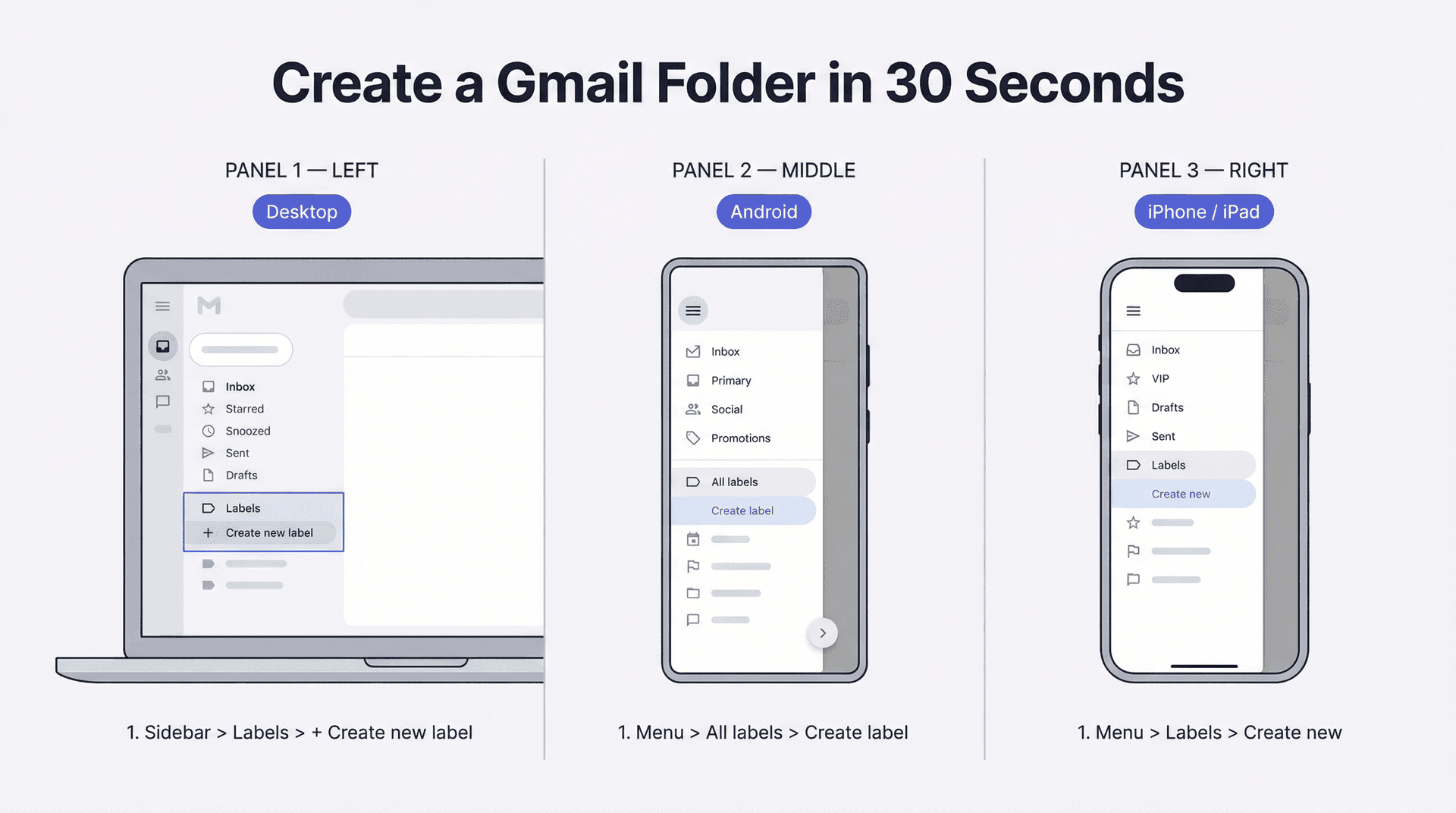 Three-panel quick reference guide showing how to create a Gmail label on desktop, Android, and iPhone in 30 seconds
