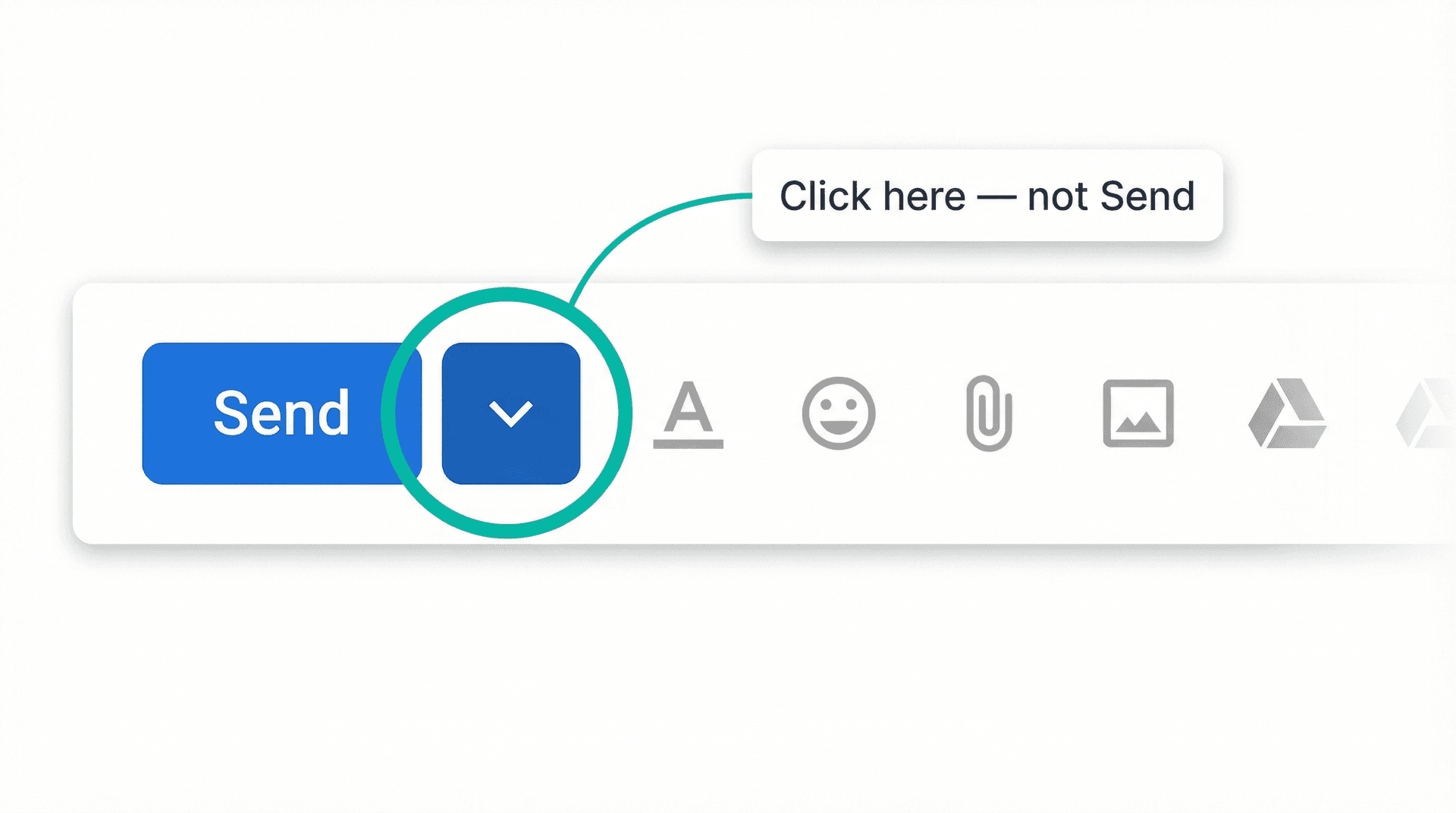 Gmail compose window showing the Schedule Send dropdown arrow next to the Send button, highlighted with a callout annotation